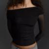 Camiseta asimétrica de tul de manga larga Camiseta asimétrica de tul de manga larga