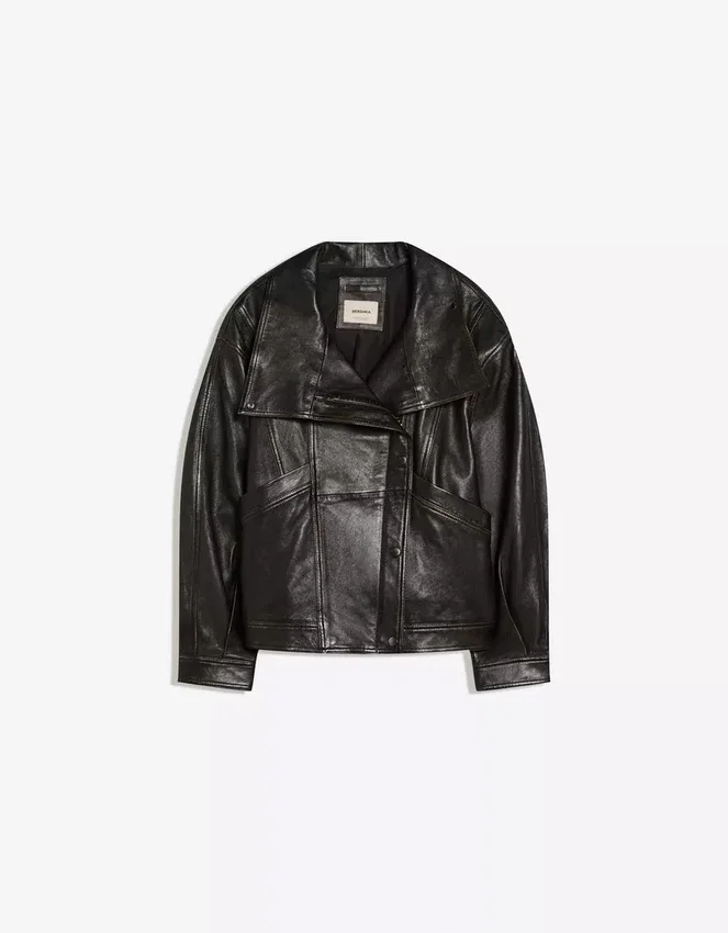 Chaqueta de cuero con cuello de embudo – Mujer Chaqueta de cuero con cuello de embudo – Mujer