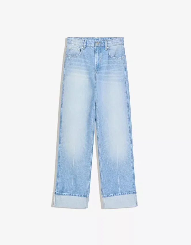 Vaqueros de cintura alta, corte Straight y pierna Wide Leg con bajos remangados – Pantalones Vaqueros de cintura alta, corte Straight y pierna Wide Leg con bajos remangados – Pantalones