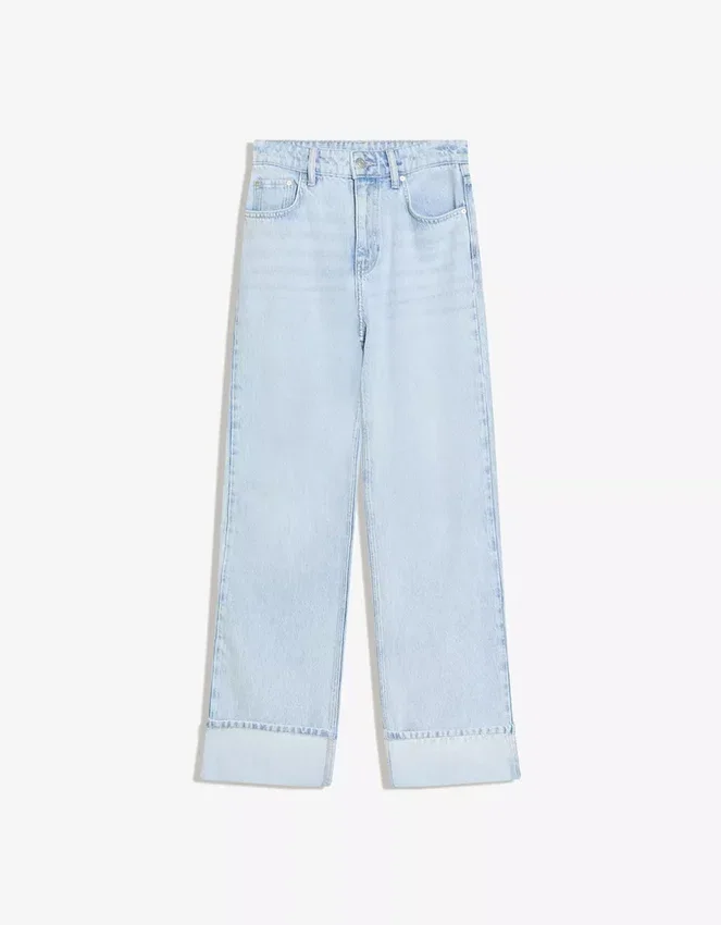 Vaqueros de cintura alta, corte Straight y pierna Wide Leg con bajos remangados – Pantalones Vaqueros de cintura alta, corte Straight y pierna Wide Leg con bajos remangados – Pantalones