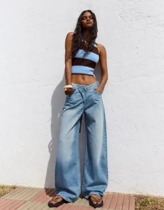 Vaqueros de cintura alta y pierna Wide Leg con cruz en la cintura – Pantalones Vaqueros de cintura alta y pierna Wide Leg con cruz en la cintura – Pantalones