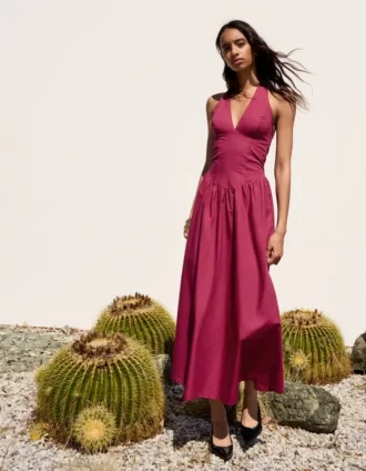 vestido largo de popeln con cuello halter 1 1 330x424 - Vestido largo de popel&iacute;n con cuello halter