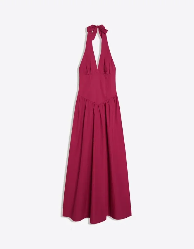 Vestido largo de popelín con cuello halter Vestido largo de popelín con cuello halter