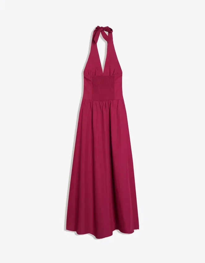 Vestido largo de popelín con cuello halter Vestido largo de popelín con cuello halter