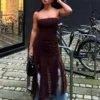 Vestido midi bandeau asimétrico de tul y encaje Vestido midi bandeau asimétrico de tul y encaje