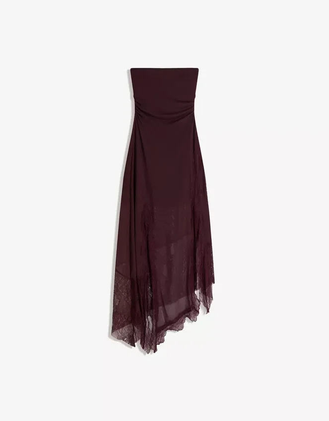 Vestido midi bandeau asimétrico de tul y encaje Vestido midi bandeau asimétrico de tul y encaje