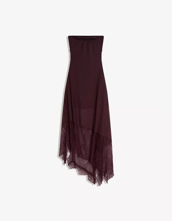 Vestido midi bandeau asimétrico de tul y encaje Vestido midi bandeau asimétrico de tul y encaje