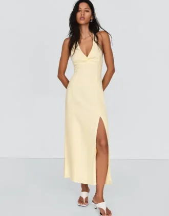 Vestido midi con cuello halter de mezcla de lino – Vestidos y monos