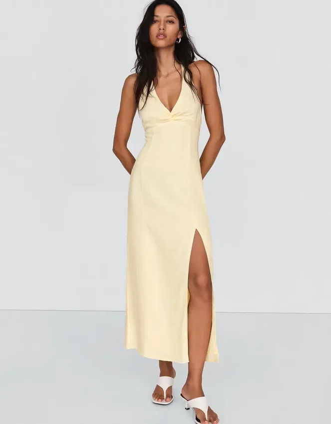 Vestido midi con cuello halter de mezcla de lino – Vestidos y monos Vestido midi con cuello halter de mezcla de lino – Vestidos y monos