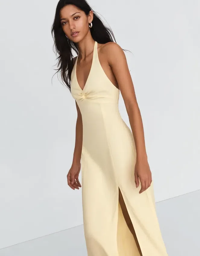 Vestido midi con cuello halter de mezcla de lino – Vestidos y monos Vestido midi con cuello halter de mezcla de lino – Vestidos y monos