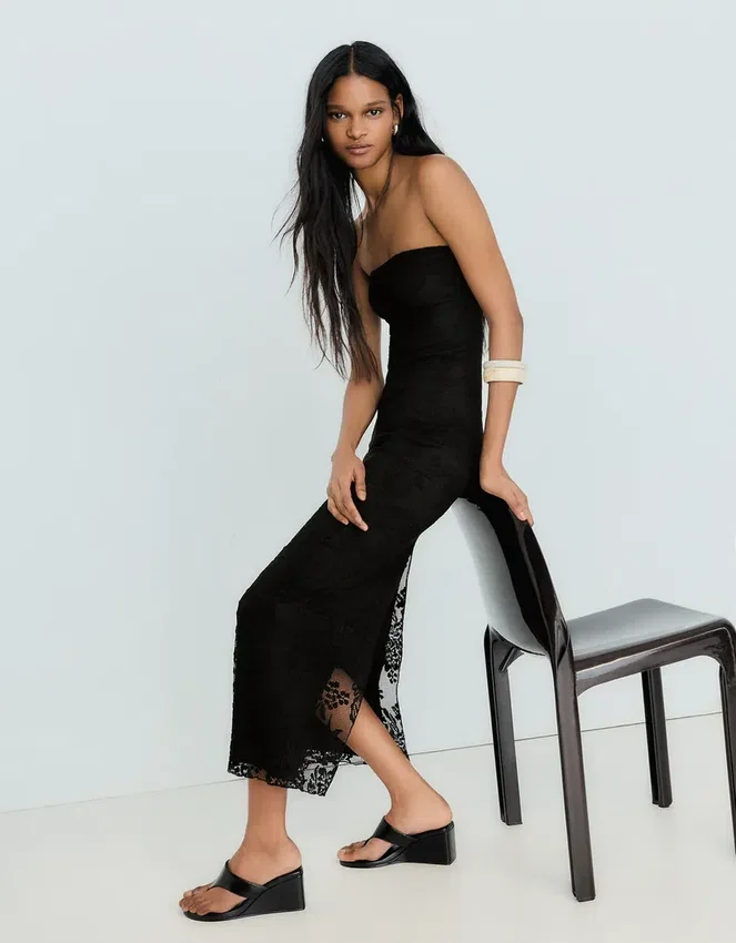 Vestido midi rústico tipo bandeau Vestido midi rústico tipo bandeau